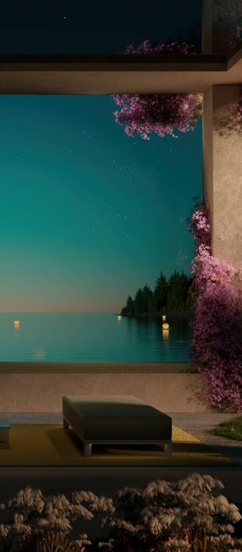 A contemporary luxury resort overlooking a calm ocean at night with aesthetic outdoor... Motorola Moto G06 Power wallpapers for android