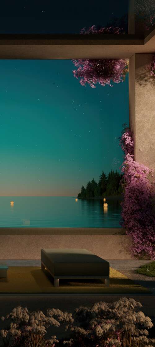 A contemporary luxury resort overlooking a calm ocean at night with aesthetic outdoor... Motorola Edge (2025) lock screen wallpaper