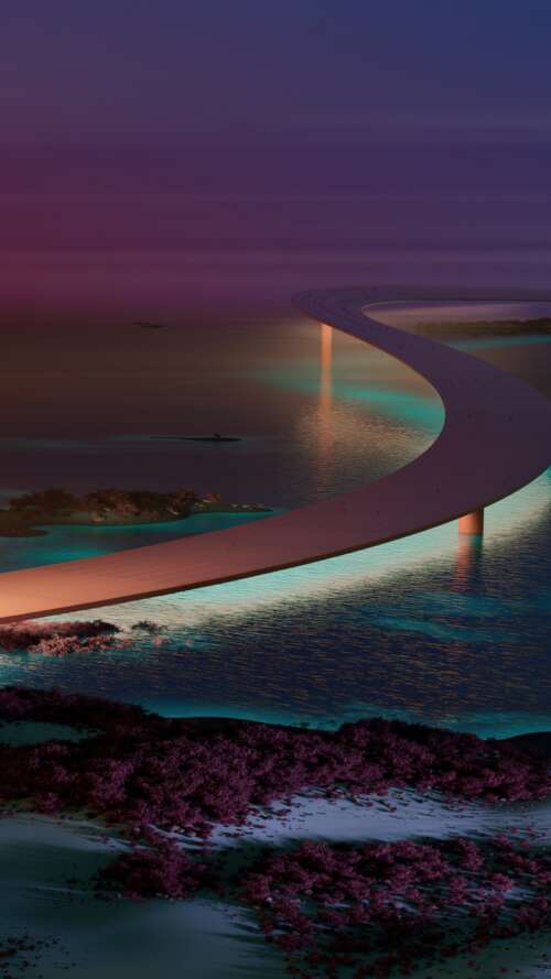 A modern, aesthetically pleasing bridge at night with surreal lighting and contemporary... Apple iPhone SE 2022 download free phone wallpaper