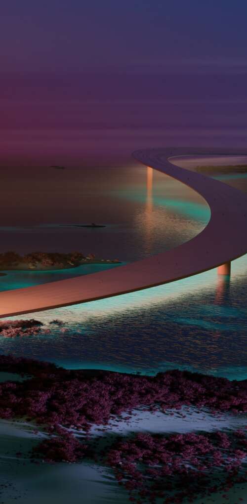 A modern, aesthetically pleasing bridge at night with surreal lighting and contemporary... Huawei Mate 30 Pro background images hd