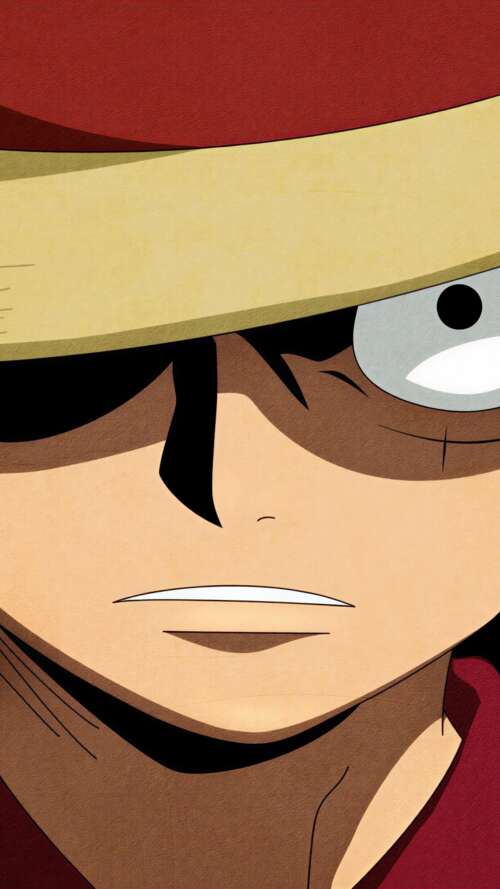 A close-up, intense depiction of Monkey D. Luffy from One Piece with a focused expression.