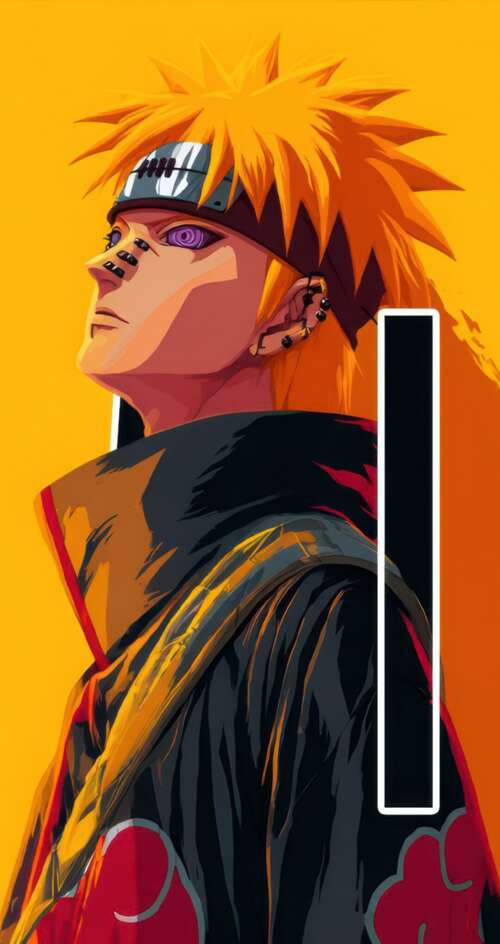 A high-resolution portrait of Pain from Naruto against a bright yellow background. Sharp Aquos C10 mobile wallpaper