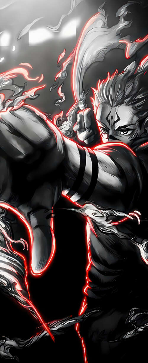Monochromatic illustration of Ryomen Sukuna from Jujutsu Kaisen with dramatic fire... hand phone wallpaper
