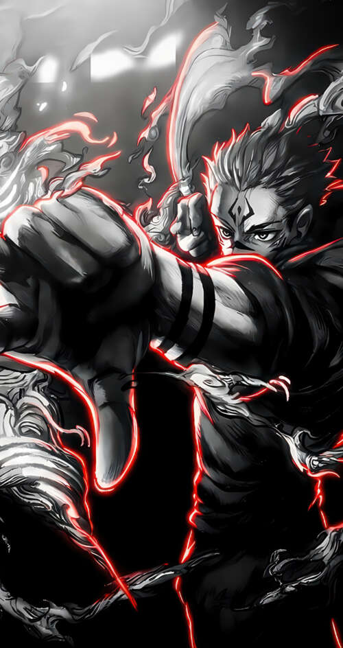 Monochromatic illustration of Ryomen Sukuna from Jujutsu Kaisen with dramatic fire... Sharp Aquos C10 cell phone backgrounds free