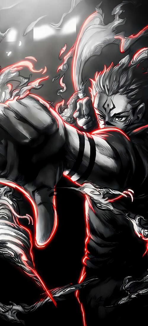 Monochromatic illustration of Ryomen Sukuna from Jujutsu Kaisen with dramatic fire... Honor X70 hand phone wallpaper