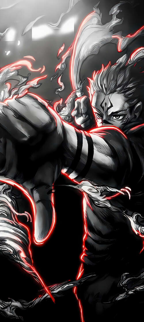 Monochromatic illustration of Ryomen Sukuna from Jujutsu Kaisen with dramatic fire... Motorola Moto G56 5G hand phone wallpaper