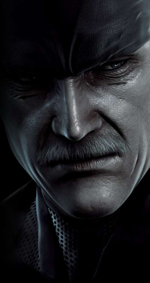Solid Snake from Metal Gear Solid wearing tactical gear in a cinematic setting. Sharp Aquos C10 wallpaper download