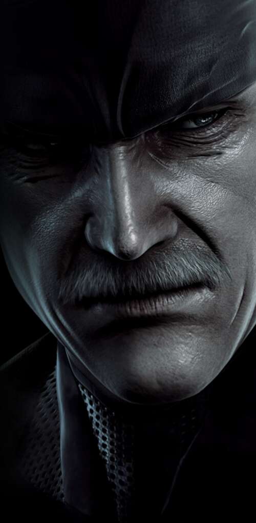 Solid Snake from Metal Gear Solid wearing tactical gear in a cinematic setting. Huawei Mate 30 Pro wallpaper download