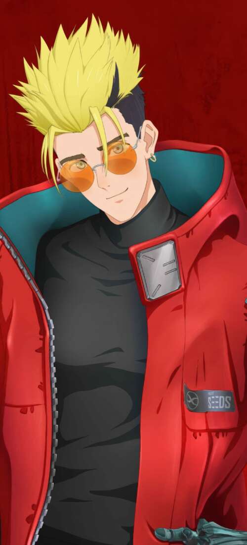 Vash the Stampede from the Trigun Stargaze anime series posed against a vivid red... Honor X70 download free phone wallpaper