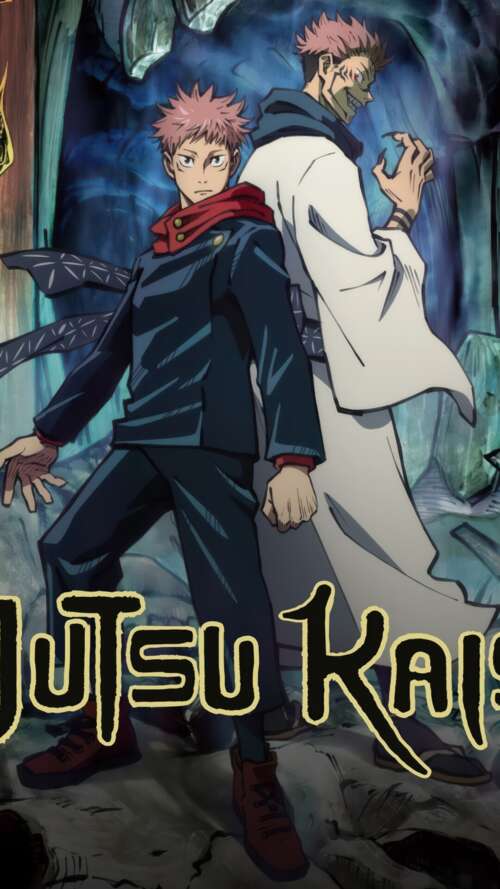 A dramatic anime poster featuring Yuji Itadori and Sukuna from Jujutsu Kaisen. Apple iPhone SE 2022 mobile wallpaper