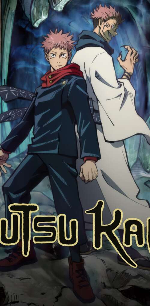 A dramatic anime poster featuring Yuji Itadori and Sukuna from Jujutsu Kaisen. Huawei Mate 30 Pro pictures for wallpaper