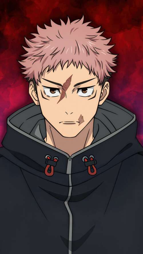 Yuji Itadori from Jujutsu Kaisen with pink hair and a hoodie against a red background cell phone backgrounds free