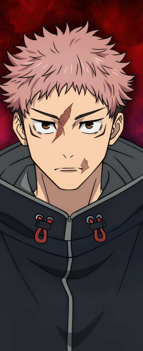 Yuji Itadori from Jujutsu Kaisen with pink hair and a hoodie against a red background Samsung Galaxy Z Flip7 FE download free wallpaper for phone