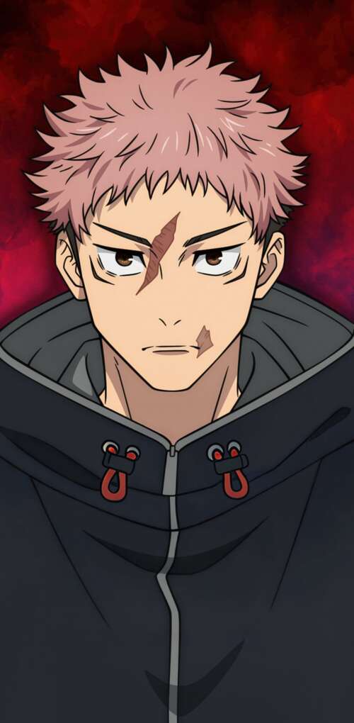 Yuji Itadori from Jujutsu Kaisen with pink hair and a hoodie against a red background Huawei Mate 30 Pro cell phone backgrounds free