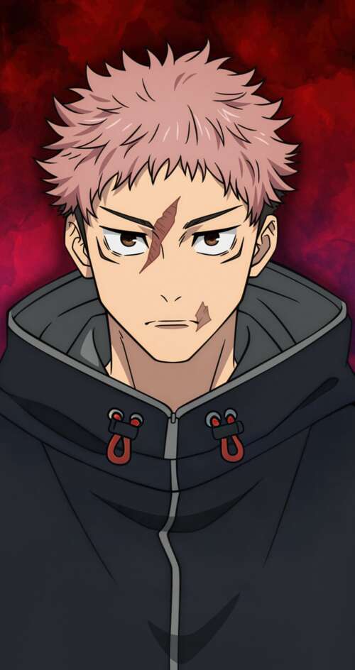 Yuji Itadori from Jujutsu Kaisen with pink hair and a hoodie against a red background Sharp Aquos C10 cell phone backgrounds free