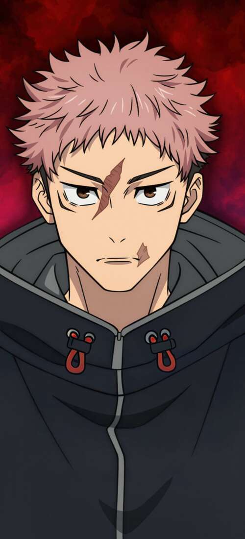 Yuji Itadori from Jujutsu Kaisen with pink hair and a hoodie against a red background