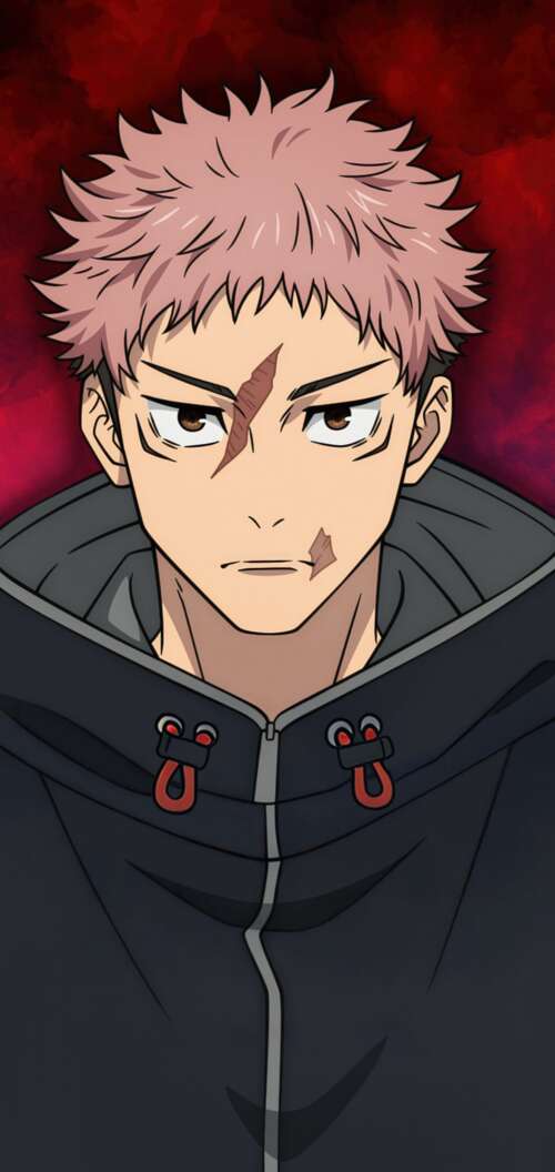 Yuji Itadori from Jujutsu Kaisen with pink hair and a hoodie against a red background Oppo A6k 4G