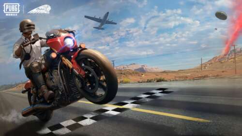 A tactical survivor riding an Indian Motorcycle through a realistic PUBG MOBILE landscape,... wallpaper