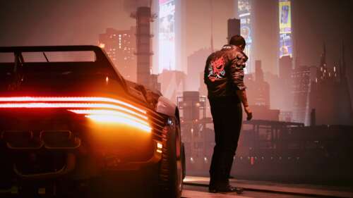 Johnny Silverhand wearing a black leather Samurai jacket from Cyberpunk 2077 wallpaper
