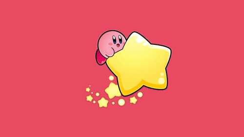 A cute, pastel red Kirby from the Kirby series floating near a bright star in a cartoon... wallpaper