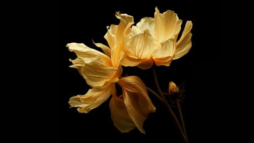 Close-up digital render of bright yellow flowers against a pitch-black background. wallpaper