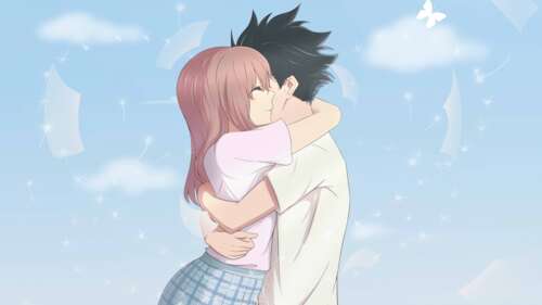 A romantic and tender scene featuring Shoya Ishida and Shouko Nishimiya from the... wallpaper