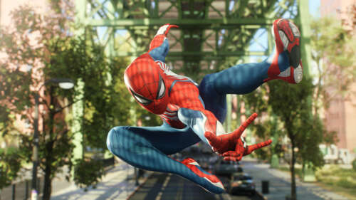 A cinematic photo mode shot of Spider-Man from the video game Marvel's Spider-Man... free wallpaper