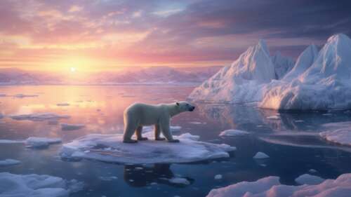A polar bear standing near majestic icebergs under a glowing, colorful sunrise in... wallpaper
