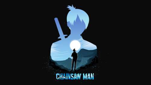 A high-contrast, dark-themed portrait of Denji as Chainsaw Man with glowing orange... wallpaper