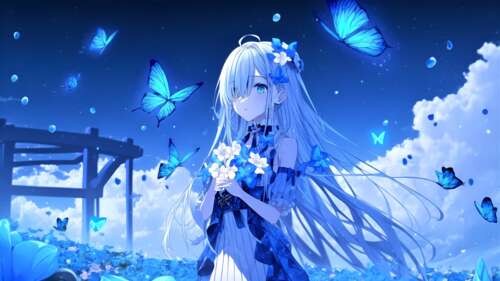 A beautiful anime girl surrounded by floating butterflies against a serene blue background. wallpaper
