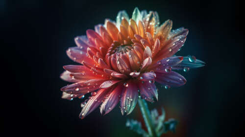 A close-up digital illustration of a chrysanthemum flower covered in sparkling dew... wallpaper