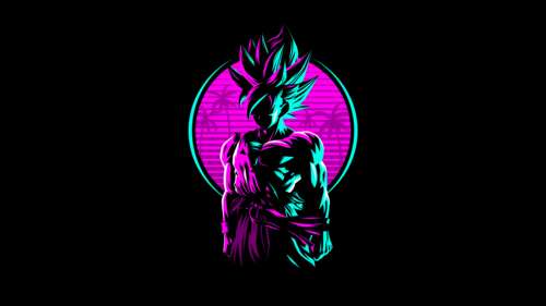 Neon glowing artwork of Goku from Dragon Ball on a dark AMOLED black background wallpaper