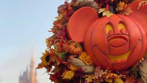 Mickey Mouse from Disney sitting among pumpkins and vibrant autumn leaves in a festive... wallpaper