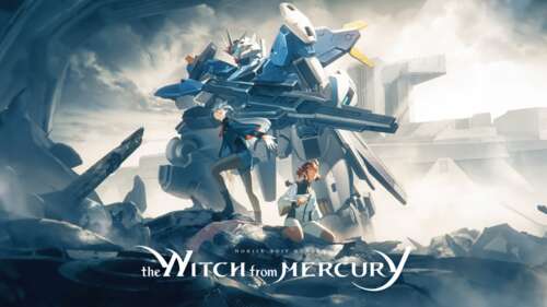 Suletta Mercury standing with the Gundam Aerial mecha from Mobile Suit Gundam: The... wallpaper