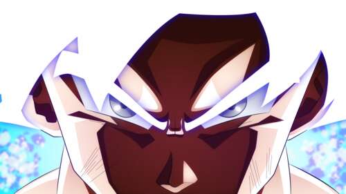 Close-up of Son Goku's silver eyes in the Perfected Ultra Instinct state from Dragon... wallpaper