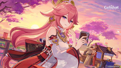 A beautiful portrait of Yae Miko from Genshin Impact set against a dreamy pink aesthetic... wallpaper