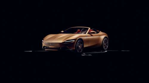 A high-resolution studio shot of a customized 2024 Ferrari Roma Spider against a... wallpaper