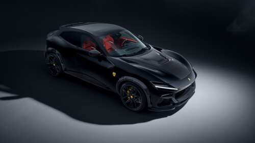 A 2025 Ferrari Purosangue in a sleek black finish, set against a dark, minimalist... wallpaper