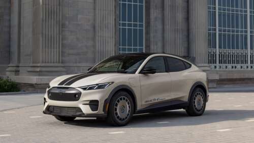 A high-resolution 5K close-up shot of the 2025 Ford Mustang Mach-E electric vehicle... wallpaper