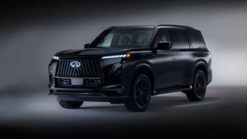 A high-definition, detailed view of a sleek black 2026 Infiniti QX80 luxury SUV. wallpaper