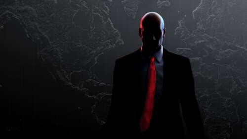 A cinematic and dark-themed portrait of Agent 47 from the Hitman video game series. wallpaper