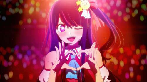 Ai Hoshino from Oshi no Ko winking with vibrant colors and heart-shaped elements wallpaper