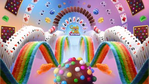 A vibrant and colorful game poster for Candy Crush Solitaire featuring bright candies... wallpaper