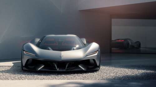A futuristic 2026 Chevrolet Corvette CX Vision Gran Turismo concept race car with... wallpaper