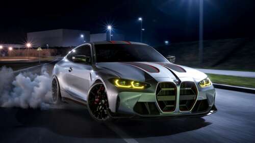 A high-resolution cinematic shot of a BMW M4 CSL parked in a dark urban environment... wallpaper