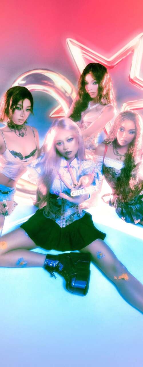 A high-detail, cinematic group portrait of young women featuring futuristic 2026... wallpaper