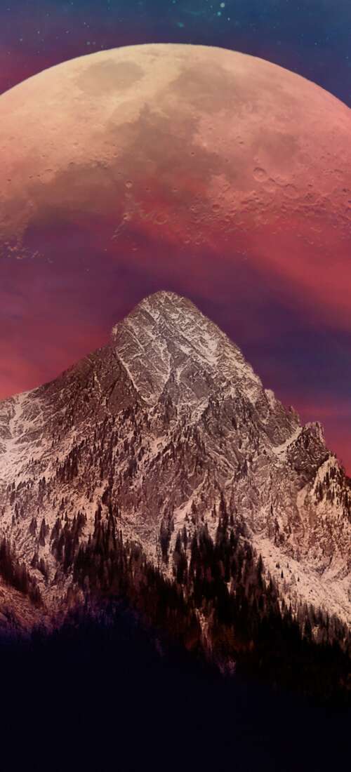 A blood-red moon rising over sharp, snow-capped mountain peaks during a twilight... lock screen wallpaper