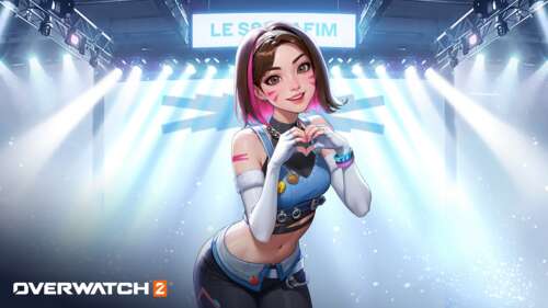 D.Va from Overwatch 2 wearing a K-pop inspired outfit reminiscent of Le Sserafim... free wallpaper