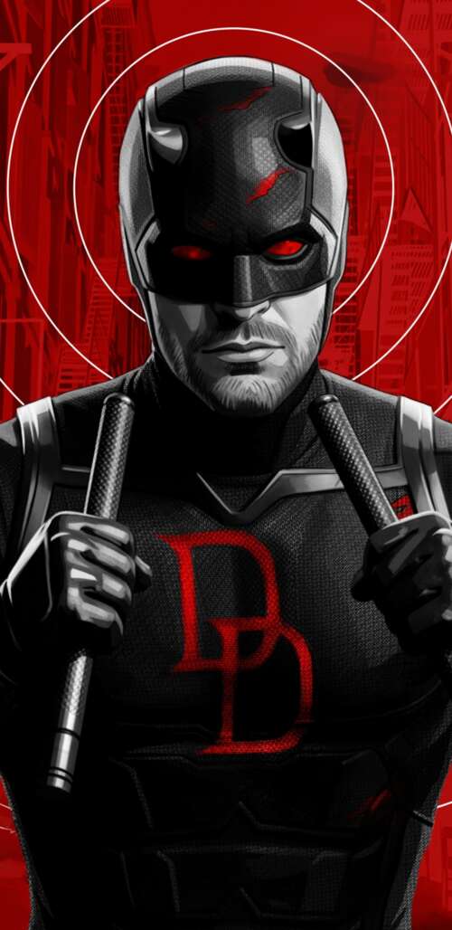 Daredevil wearing a black suit against a vibrant red background, inspired by Daredevil:... free wallpaper