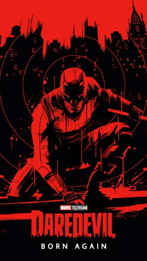 A red and black noir-style illustration of Matt Murdock as Daredevil on a black background. background images hd